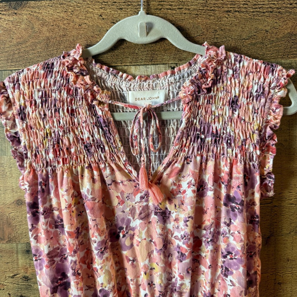 Dear John Pink‎ Floral Tiered Mini Dress XS Smocked Cottagecore - Picture 16 of 16